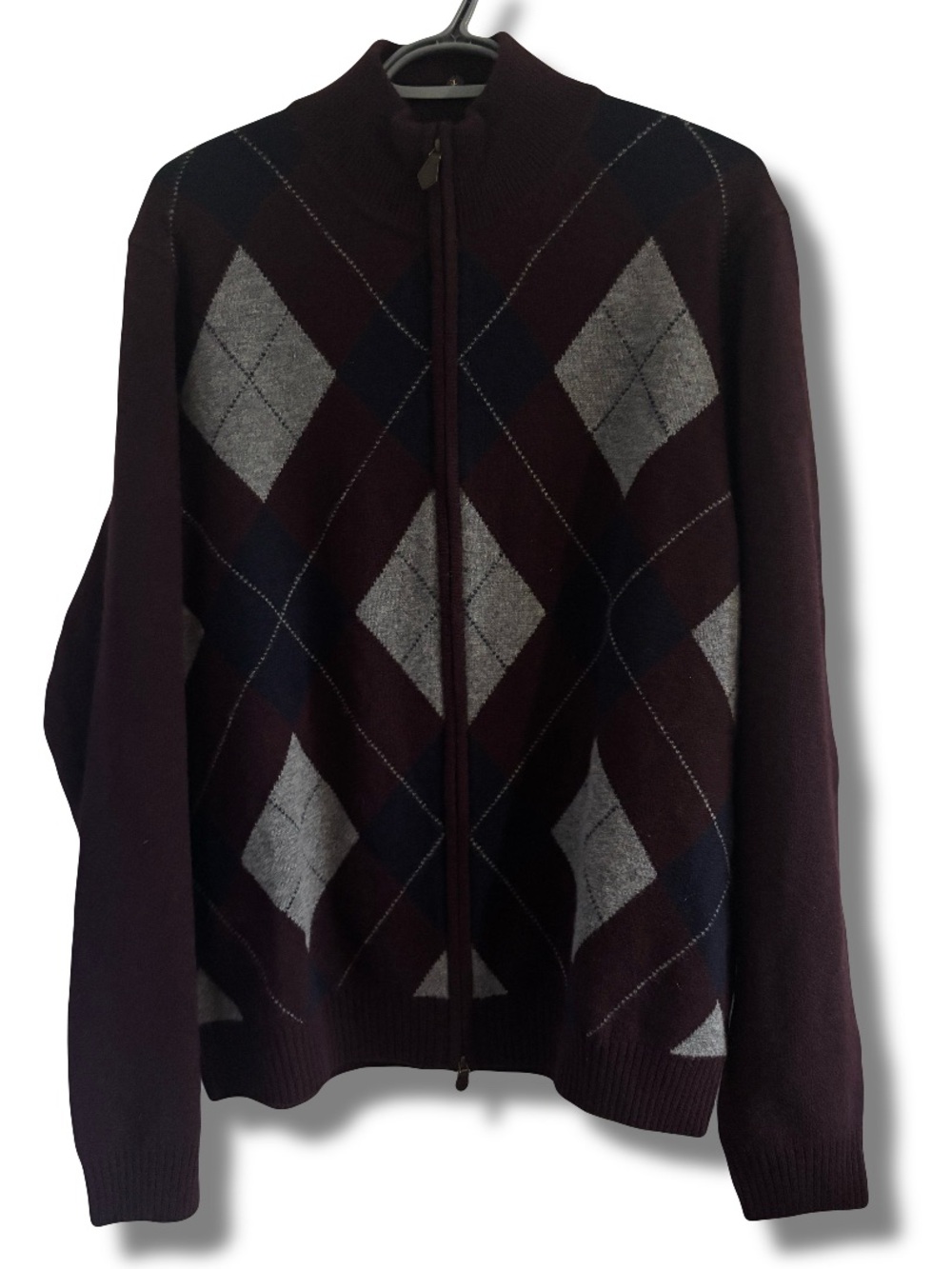 NWT Brooks Brothers 100% Scottish Lambswool Full Zip Argyle Sweater Burgundy LG